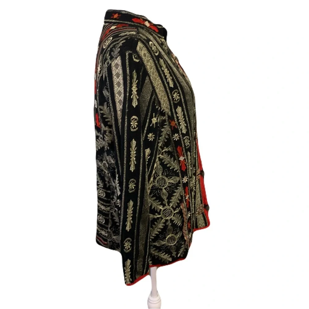 Chico's Womens 3/XL Black Red Gold Fully Embroidered Asian Inspired Light Jacket